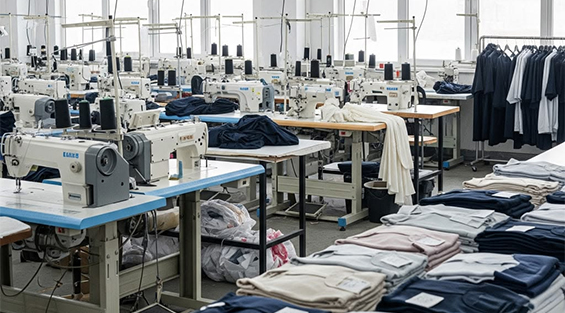 Garment production floor with sewing machines